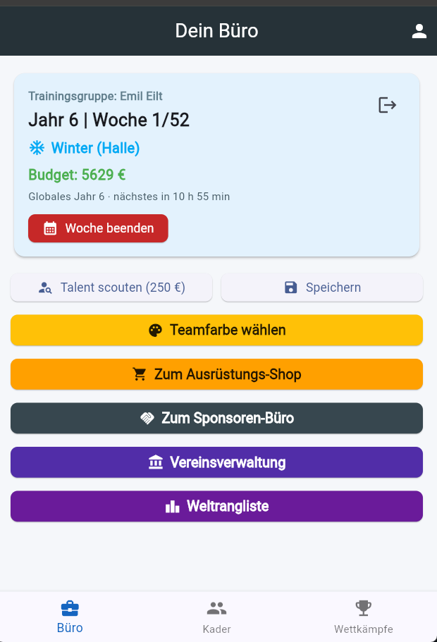 Büro-Ansicht: Schaltzentrale zum Verwalten von Woche, Verein und Finanzen im Laufsport-Manager