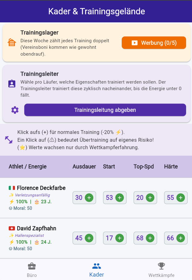 Kader-Ansicht mit Läufer-Attributen, Energie, Moral und Training