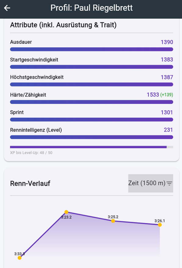 Läufer-Detailansicht mit Statistiken und persönlichen Bestzeiten