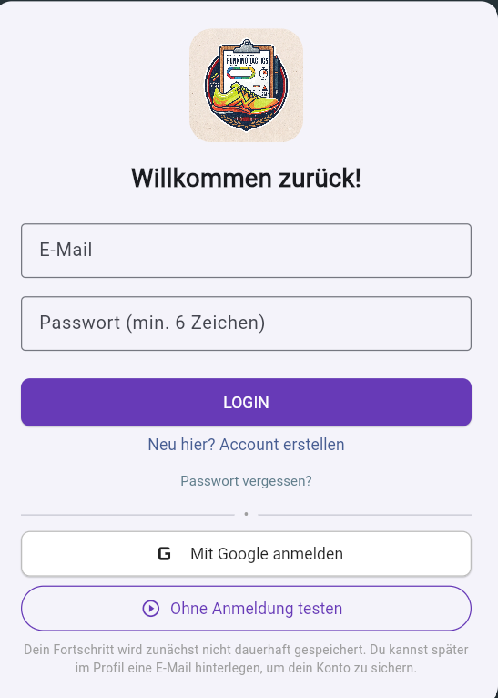 Anmeldebildschirm: Login per E-Mail oder Google – oder ohne Anmeldung direkt testen