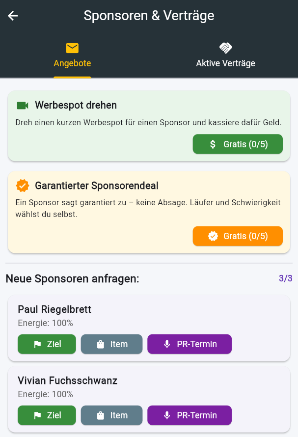 Sponsoren-Ansicht mit Verträgen sowie Zeit- und Platzierungszielen