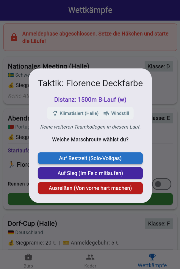 Taktik-Dialog vor dem Rennen: auf Bestzeit laufen, auf Sieg mitlaufen oder ausreißen