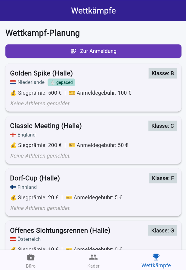 Wettkampf-Kalender mit Meetings, Leistungsklassen, Preisgeldern und Anmeldegebühren